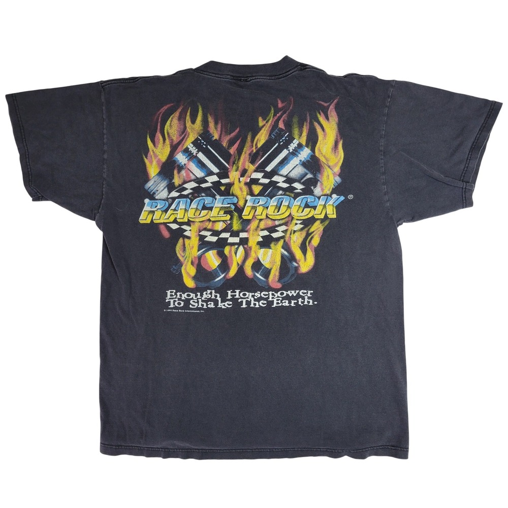 Vintage 1999 Race Rock Orlando Florida Faded Black Graphic T-Shirt Mens XL 22x29